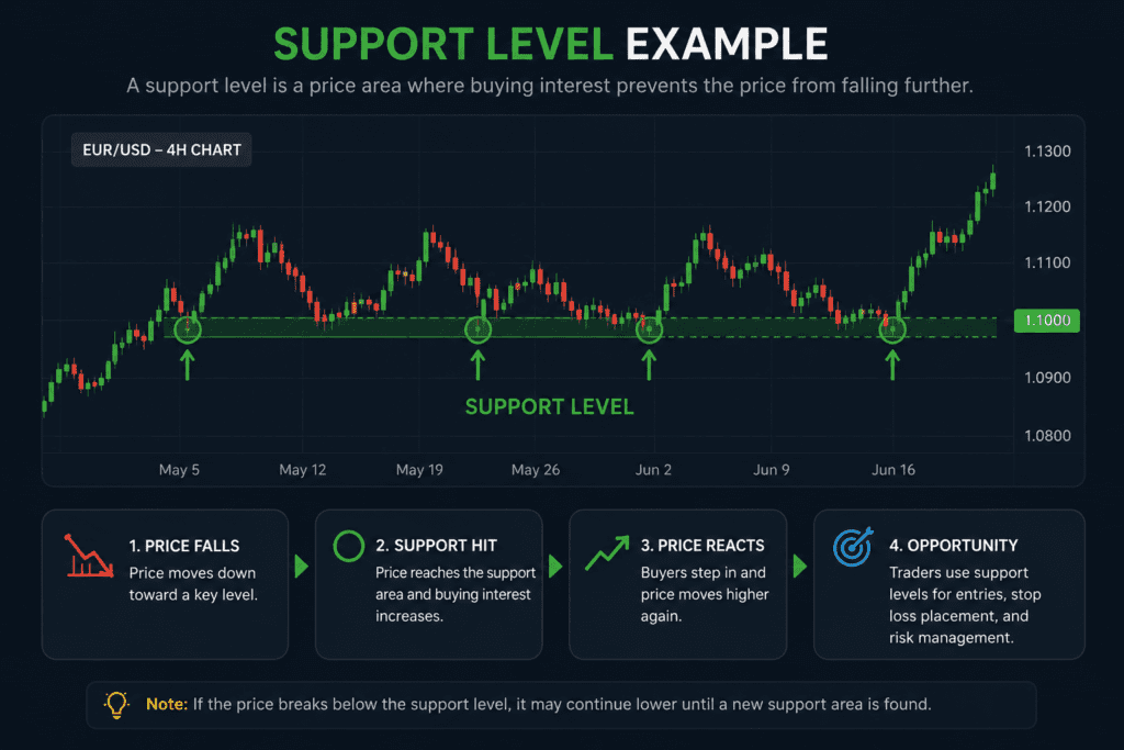 Support in Trading Support level example on EUR/USD forex chart