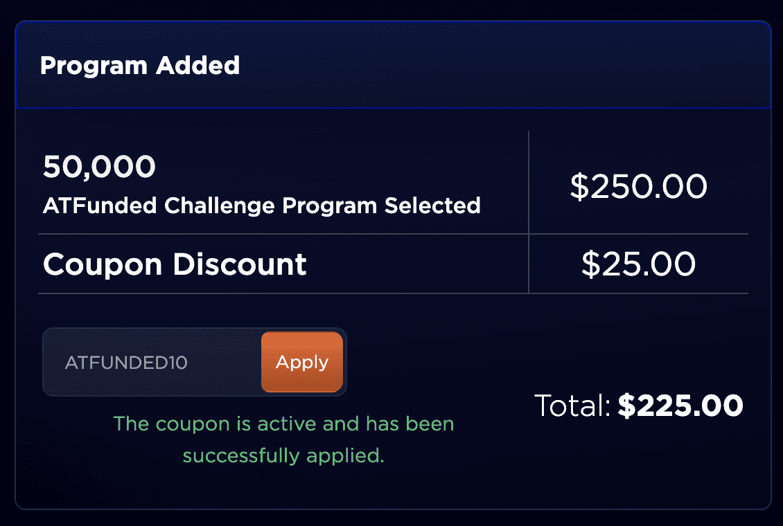 Checkout page showing where to apply the ATFunded discount code